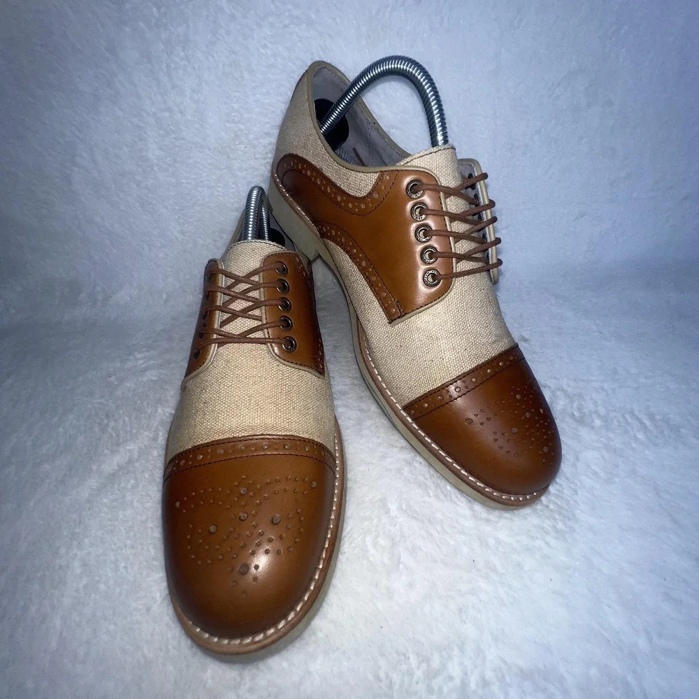 Johnston & Murphy Shoes Mens 8.5 Brown Canvas Cap Toe Derby Dress Oxfords Casual